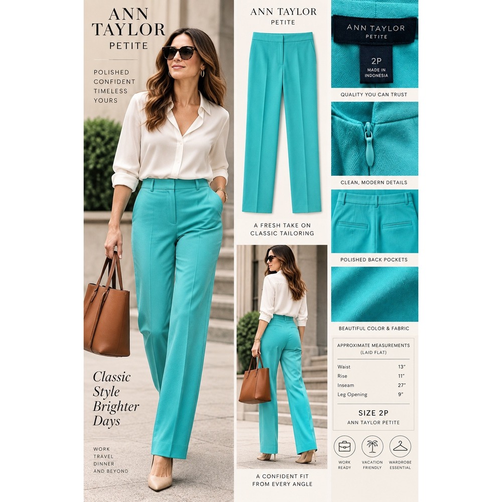 Ann Taylor Petite Women 2P Turquoise Blue Slim Straight Career Dress Pants
